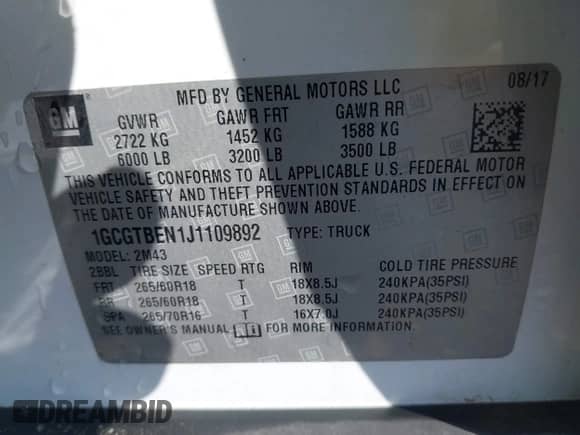 2018 Chevrolet Colorado 4WD Work Truck z VIN 1GCGTBEN1J1109892, wystawiony jako IAAI lot #41990388 z przebiegiem 100 767 mil mil oraz . Historia ofert i sprzedaży dostępna na DreamBid. Obrazek 9.