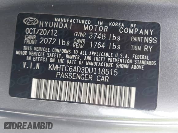 2013 Hyundai Veloster w/Black Int z VIN KMHTC6AD3DU118515, wystawiony jako IAAI lot #43223223 z przebiegiem 109 568 mil mil oraz . Historia ofert i sprzedaży dostępna na DreamBid. Obrazek 9.