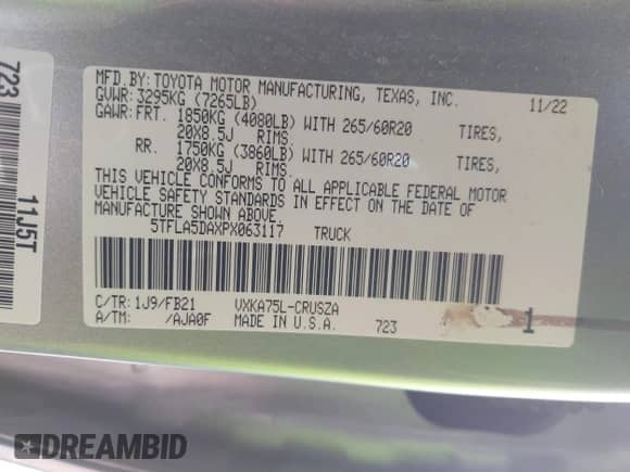 2023 Toyota Tundra SR5 с VIN 5TFLA5DAXPX063117, выставлен на аукционе IAAI как лот 42428620 с пробегом 60 409 миль миль и . История ставок и продаж доступна на DreamBid. Изображение 9.