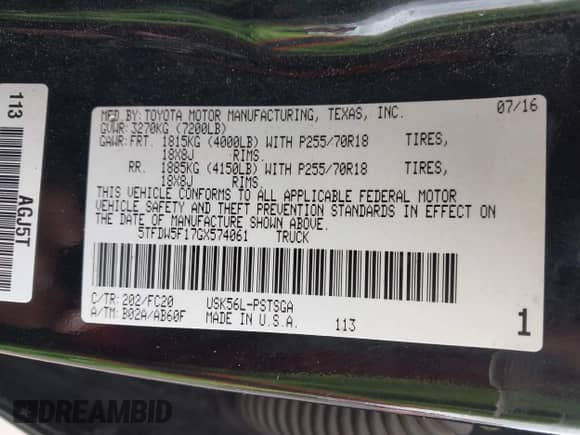 2016 Toyota Tundra SR5 with VIN 5TFDW5F17GX574061, listed as a IAAI auction lot 43099266 with 183,400 mi miles and . Bid and sale history available at DreamBid. Image 9.