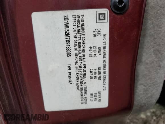 1999 Chevrolet Lumina LS with VIN 2G1WL52M7X9188085, listed as a Copart auction lot 62547605 with 67,582 mi miles and Salvage title. Bid and sale history available at DreamBid. Image 15.