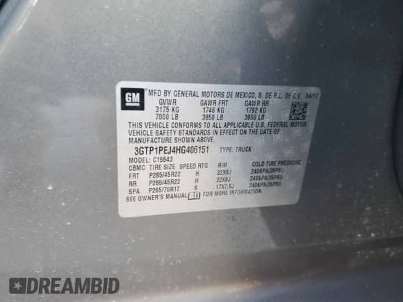 2017 GMC Sierra 1500 Denali with VIN 3GTP1PEJ4HG406151, listed as a Copart auction lot 81856454 with 74,711 mi miles and Salvage title. Bid and sale history available at DreamBid. Image 12.