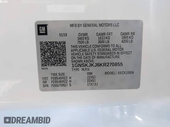 2019 Chevrolet Suburban Premier с VIN 1GNSKJKJ6KR270855, выставлен на аукционе IAAI как лот 42345361 с пробегом 71 705 миль миль и . История ставок и продаж доступна на DreamBid. Изображение 9.