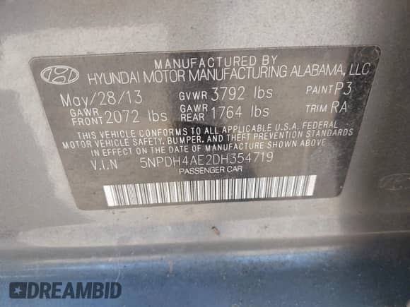 2013 Hyundai Elantra GLS with VIN 5NPDH4AE2DH354719, listed as a IAAI auction lot 42976433 with 96,234 mi miles and . Bid and sale history available at DreamBid. Image 9.