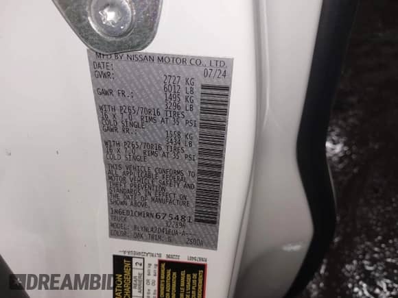 2024 Nissan Frontier S with VIN 1N6ED1CM1RN675481, listed as a IAAI auction lot 41598912 with 1,483 mi miles and . Bid and sale history available at DreamBid. Image 9.