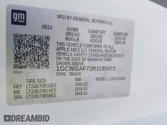2024 Chevrolet Express Cargo with VIN 1GCWGAF72R1195073, listed as a IAAI auction lot 42083671 with 4,690 mi miles and . Bid and sale history available at DreamBid. Image 9.