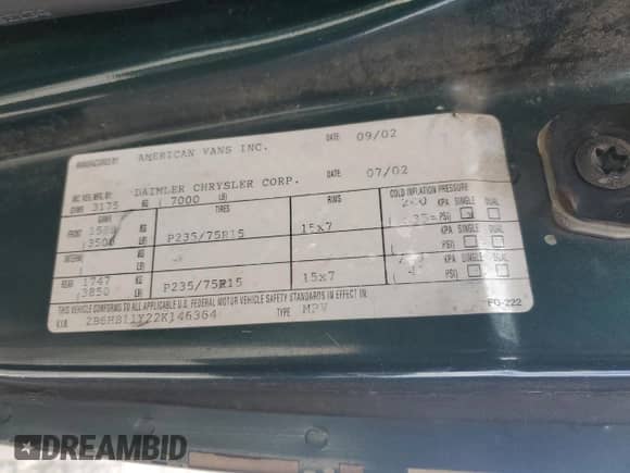 2002 Dodge Cargo with VIN 2B6HB11Y22K146364, listed as a Copart auction lot 84382495 with Not provided miles and Salvage title. Bid and sale history available at DreamBid. Image 13.