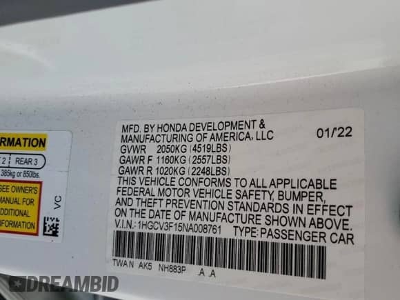 2022 Honda Accord с VIN 1HGCV3F15NA008761, выставлен на аукционе Copart как лот 78548694 с пробегом 27 476 миль миль и Списание • Salvage title. История ставок и продаж доступна на DreamBid. Изображение 12.