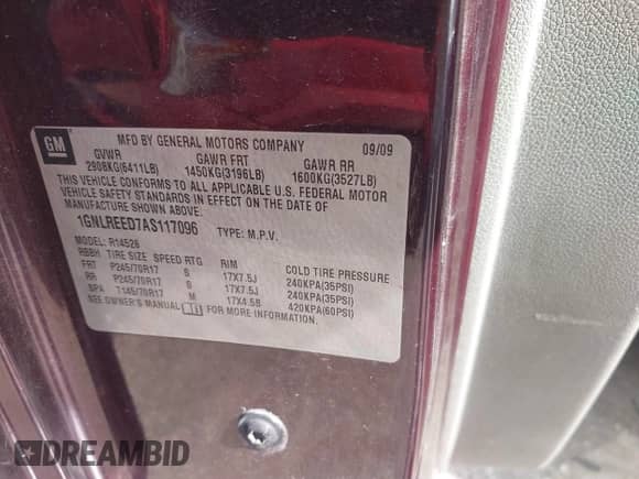 2010 Chevrolet Traverse LS с VIN 1GNLREED7AS117096, выставлен на аукционе IAAI как лот 42673298 с пробегом 184 361 миль миль и . История ставок и продаж доступна на DreamBid. Изображение 9.