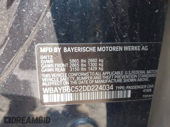 2013 BMW 7 Series 750i xDrive with VIN WBAYB6C52DD224034, listed as a IAAI auction lot 42908453 with 161,995 mi miles and . Bid and sale history available at DreamBid. Image 9.