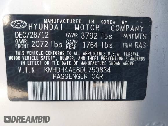 2013 Hyundai Elantra GLS z VIN KMHDH4AE8DU750834, wystawiony jako IAAI lot #43459340 z przebiegiem 143 905 mil mil oraz . Historia ofert i sprzedaży dostępna na DreamBid. Obrazek 9.