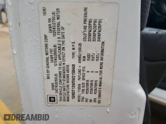 1998 Chevrolet Blazer LT z VIN 1GNDT13W5W2158448, wystawiony jako Copart lot #51223255 z przebiegiem 298 952 mil mil oraz Szkoda całkowita • Salvage title. Historia ofert i sprzedaży dostępna na DreamBid. Obrazek 13.