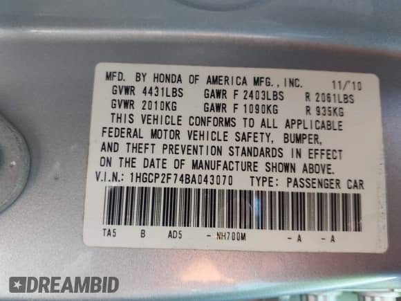 2011 Honda Accord EX with VIN 1HGCP2F74BA043070, listed as a IAAI auction lot 42978611 with 144,010 mi miles and . Bid and sale history available at DreamBid. Image 9.
