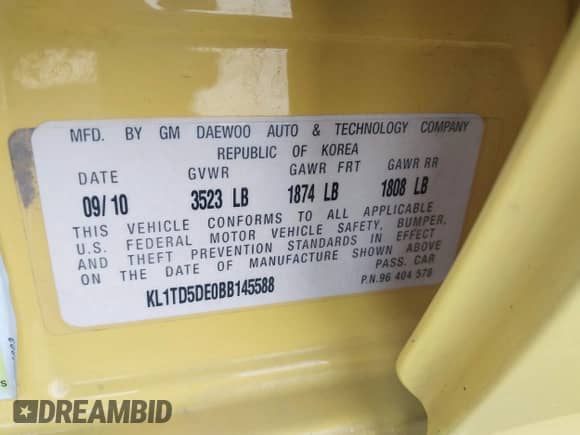 2011 Chevrolet Aveo 1LT with VIN KL1TD5DE0BB145588, listed as a IAAI auction lot 42756052 with 106,225 mi miles and . Bid and sale history available at DreamBid. Image 9.