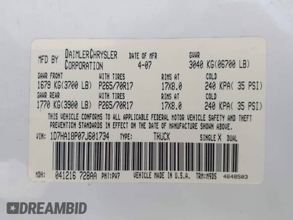 2007 Dodge 1500 SLT z VIN 1D7HA18P07J601734, wystawiony jako IAAI lot #43289250 z przebiegiem 206 348 mil mil oraz . Historia ofert i sprzedaży dostępna na DreamBid. Obrazek 9.