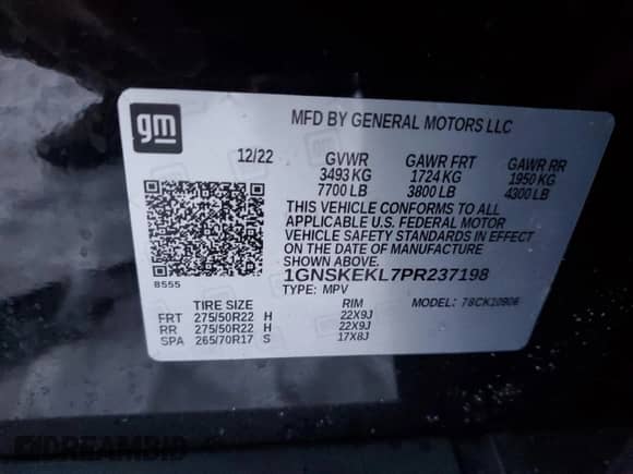 2023 Chevrolet Suburban RST z VIN 1GNSKEKL7PR237198, wystawiony jako Copart lot #41910205 z przebiegiem 71 908 mil mil oraz Szkoda całkowita • Salvage title. Historia ofert i sprzedaży dostępna na DreamBid. Obrazek 14.