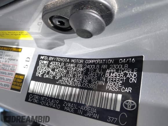 2016 Toyota Prius Two with VIN JTDZN3EU1GJ053851, listed as a IAAI auction lot 42383415 with 79,571 mi miles and . Bid and sale history available at DreamBid. Image 9.