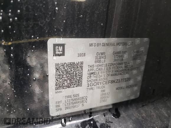 2019 Chevrolet Silverado 1500 Custom Trail Boss with VIN 1GCRYCEF8KZ177120, listed as a Copart auction lot 57875205 with 61,096 mi miles and Salvage title. Bid and sale history available at DreamBid. Image 12.