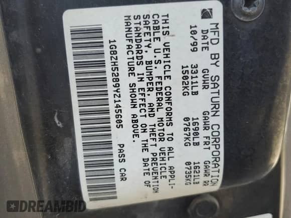 2000 Saturn SL with VIN 1G8ZH5289YZ145605, listed as a Copart auction lot 52643425 with Not provided miles and Salvage title. Bid and sale history available at DreamBid. Image 13.