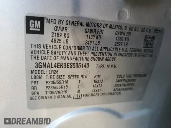 2014 Chevrolet Captiva Sport LTZ с VIN 3GNAL4EK3ES536140, выставлен на аукционе Copart как лот 75218624 с пробегом 93 329 миль миль и Списание • Salvage title. История ставок и продаж доступна на DreamBid. Изображение 13.