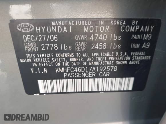 2007 Hyundai Azera GLS с VIN KMHFC46D17A192578, выставлен на аукционе IAAI как лот 43160006 с пробегом 53 962 миль миль и . История ставок и продаж доступна на DreamBid. Изображение 9.
