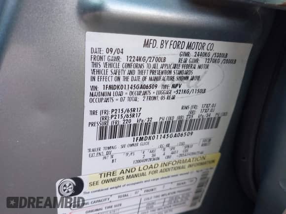 2005 Ford Freestyle SE with VIN 1FMDK01145GA06509, listed as a IAAI auction lot 43010584 with 172,121 mi miles and . Bid and sale history available at DreamBid. Image 9.