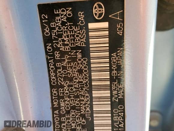 2012 Toyota Prius with VIN JTDKN3DP7C3020090, listed as a Copart auction lot 60471945 with 191,524 mi miles and Salvage title. Bid and sale history available at DreamBid. Image 12.