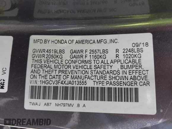 2018 Honda Accord EX z VIN 1HGCV3F4XJA013555, wystawiony jako IAAI lot #42741526 z przebiegiem 107 518 mil mil oraz . Historia ofert i sprzedaży dostępna na DreamBid. Obrazek 9.