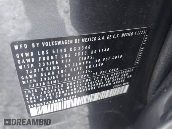 2024 Volkswagen Tiguan SE с VIN 3VVNB7AX2RM051824, выставлен на аукционе IAAI как лот 42601781 с пробегом 23 580 миль миль и . История ставок и продаж доступна на DreamBid. Изображение 9.