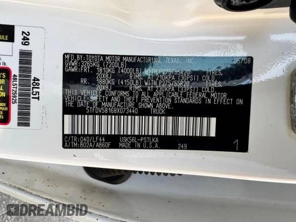 2008 Toyota Tundra Limited z VIN 5TFDV58168X073440, wystawiony jako Copart lot #52966805 z przebiegiem Nie podano mil oraz Czysty tytuł • Clean title. Historia ofert i sprzedaży dostępna na DreamBid. Obrazek 10.