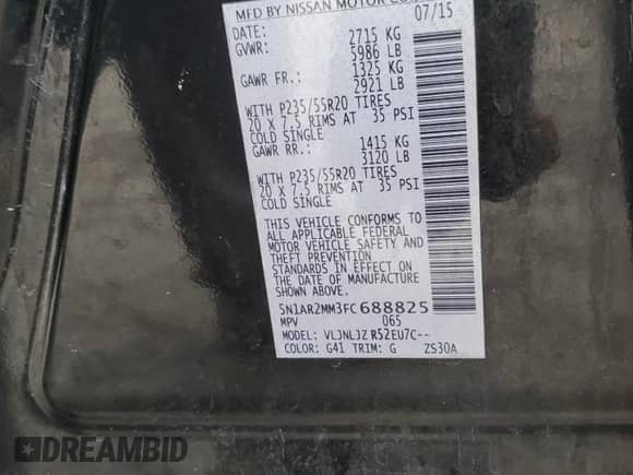 2015 Nissan Pathfinder S with VIN 5N1AR2MM3FC688825, listed as a Copart auction lot 85529795 with 123,838 mi miles and Salvage title. Bid and sale history available at DreamBid. Image 13.