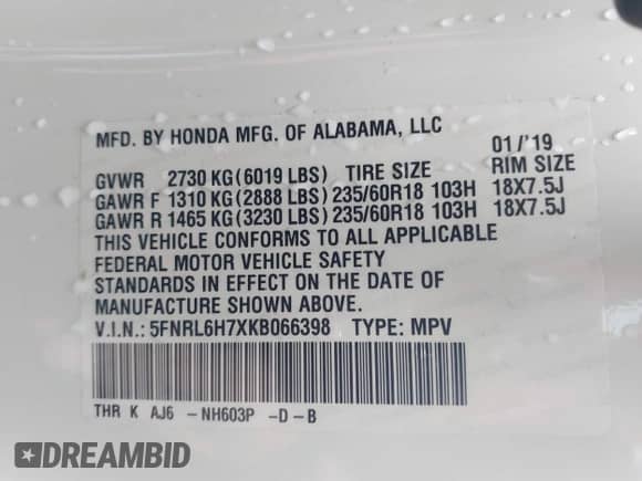 2019 Honda Odyssey EX-L с VIN 5FNRL6H7XKB066398, выставлен на аукционе IAAI как лот 43085354 с пробегом 119 317 миль миль и . История ставок и продаж доступна на DreamBid. Изображение 9.