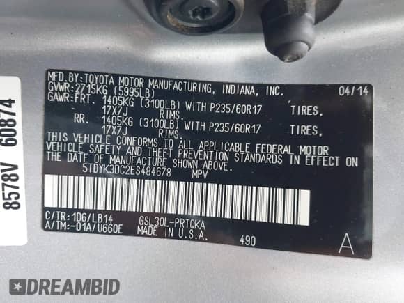 2014 Toyota Sienna XLE с VIN 5TDYK3DC2ES484678, выставлен на аукционе IAAI как лот 43052603 с пробегом 163 832 миль миль и . История ставок и продаж доступна на DreamBid. Изображение 9.