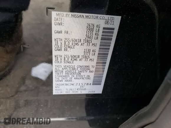 2022 Nissan Pathfinder SV с VIN 5N1DR3BC2NC215784, выставлен на аукционе Copart как лот 65910855 с пробегом 55 913 миль миль и Списание • Salvage title. История ставок и продаж доступна на DreamBid. Изображение 14.