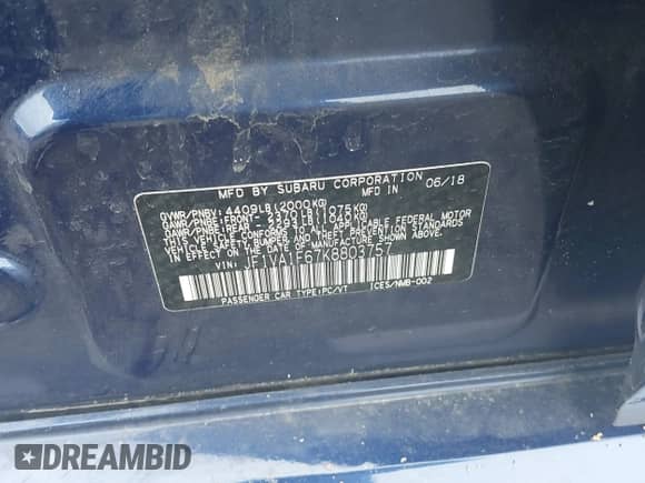 2019 Subaru WRX Premium with VIN JF1VA1F67K8803757, listed as a IAAI auction lot 41519536 with 129,085 mi miles and . Bid and sale history available at DreamBid. Image 9.