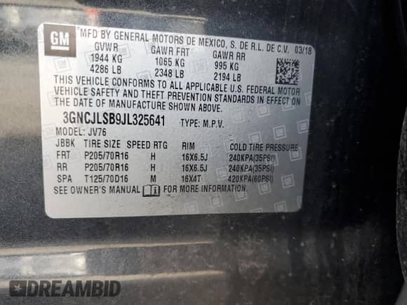 2018 Chevrolet Trax LT z VIN 3GNCJLSB9JL325641, wystawiony jako Copart lot #84649435 z przebiegiem 90 051 mil mil oraz Szkoda całkowita • Salvage title. Historia ofert i sprzedaży dostępna na DreamBid. Obrazek 12.