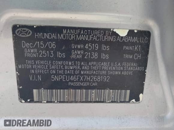 2007 Hyundai Sonata SE с VIN 5NPEU46FX7H268192, выставлен на аукционе IAAI как лот 42807690 с пробегом 81 967 миль миль и . История ставок и продаж доступна на DreamBid. Изображение 9.