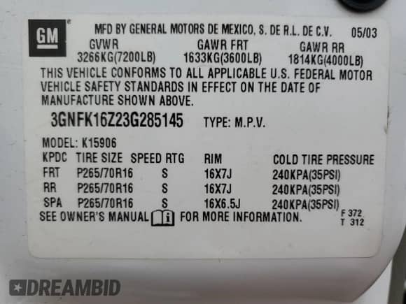 2003 Chevrolet Suburban LT z VIN 3GNFK16Z23G285145, wystawiony jako Copart lot #68668324 z przebiegiem 286 805 mil mil oraz Szkoda całkowita • Salvage title. Historia ofert i sprzedaży dostępna na DreamBid. Obrazek 15.