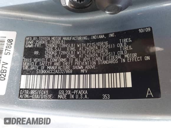 2010 Toyota Sienna CE z VIN 5TDKK4CC2AS327868, wystawiony jako IAAI lot #43291981 z przebiegiem 149 532 mil mil oraz . Historia ofert i sprzedaży dostępna na DreamBid. Obrazek 9.