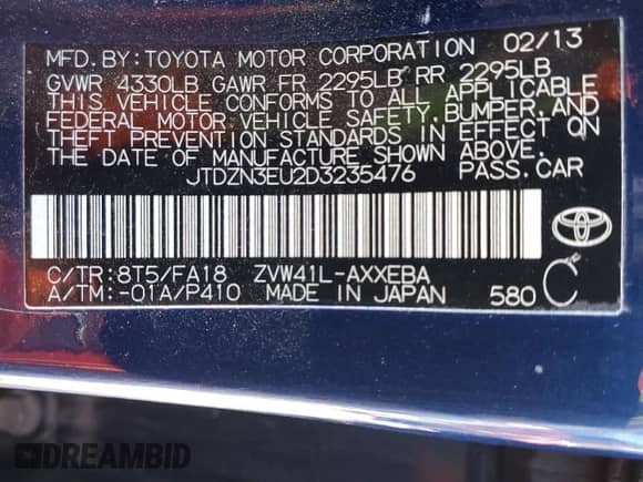 2013 Toyota Prius Two with VIN JTDZN3EU2D3235476, listed as a Copart auction lot 70589635 with Not provided miles and Non repairable. Bid and sale history available at DreamBid. Image 12.