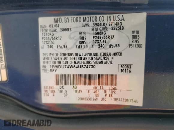 2004 Ford Explorer Eddie Bauer with VIN 1FMDU74W64UB74730, listed as a Copart auction lot 58534535 with 167,112 mi miles and Salvage title. Bid and sale history available at DreamBid. Image 14.