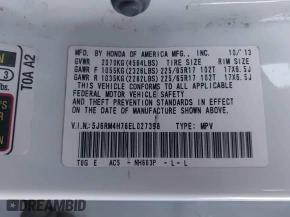 2014 Honda CR-V EX-L with VIN 5J6RM4H76EL027398, listed as a IAAI auction lot 43227212 with 196,915 mi miles and . Bid and sale history available at DreamBid. Image 9.