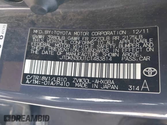 2012 Toyota Prius One with VIN JTDKN3DU1C1483814, listed as a IAAI auction lot 42948711 with 160,414 mi miles and . Bid and sale history available at DreamBid. Image 9.