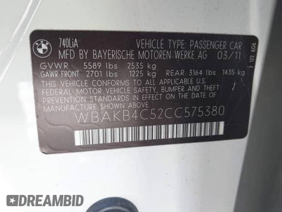 2012 BMW 7 Series 740Li with VIN WBAKB4C52CC575380, listed as a IAAI auction lot 42270857 with 135,014 mi miles and . Bid and sale history available at DreamBid. Image 9.