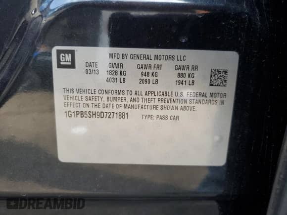 2013 Chevrolet Cruze LS с VIN 1G1PB5SH9D7271881, выставлен на аукционе Copart как лот 71675365 с пробегом 117 837 миль миль и Списание • Salvage title. История ставок и продаж доступна на DreamBid. Изображение 12.