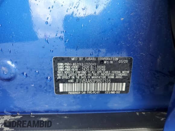 2023 Subaru WRX with VIN JF1VBAA60P9807316, listed as a Copart auction lot 59049745 with 14,877 mi miles and Salvage title. Bid and sale history available at DreamBid. Image 13.