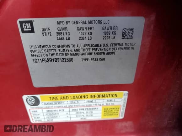 2013 Chevrolet Malibu Eco with VIN 1G11F5SR1DF132630, listed as a Copart auction lot 64670475 with 259,408 mi miles and Salvage title. Bid and sale history available at DreamBid. Image 12.
