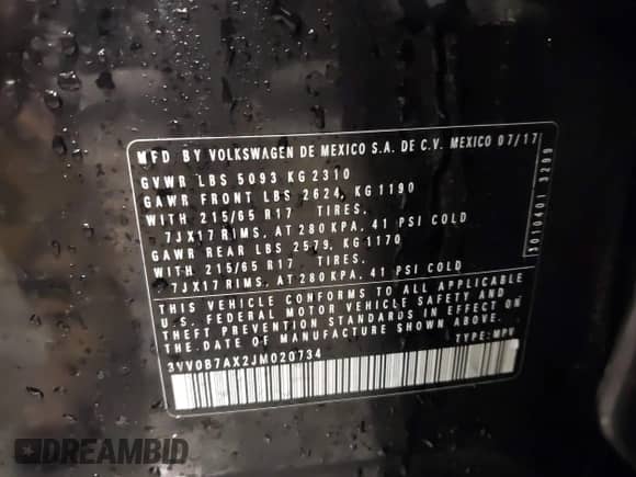 2018 Volkswagen Tiguan S с VIN 3VV0B7AX2JM020734, выставлен на аукционе IAAI как лот 42347227 с пробегом 94 791 миль миль и . История ставок и продаж доступна на DreamBid. Изображение 9.