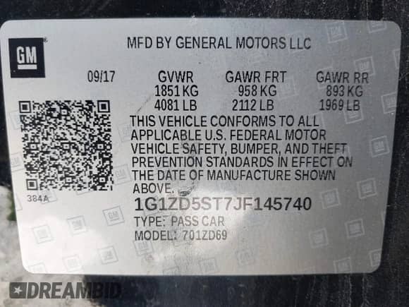 2018 Chevrolet Malibu LT z VIN 1G1ZD5ST7JF145740, wystawiony jako IAAI lot #43370388 z przebiegiem 94 051 mil mil oraz . Historia ofert i sprzedaży dostępna na DreamBid. Obrazek 9.