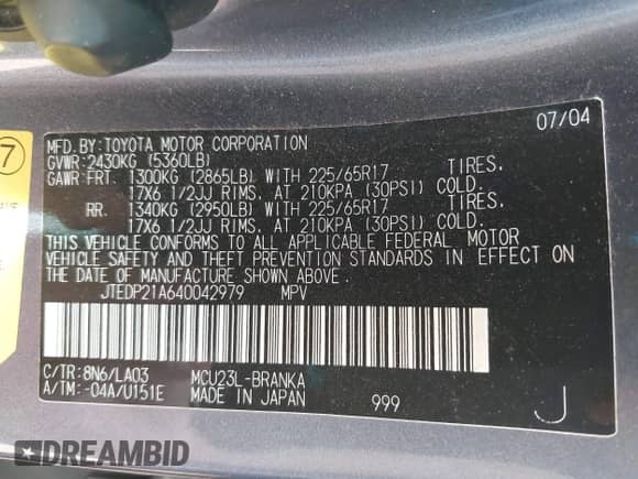 2004 Toyota Highlander with VIN JTEDP21A640042979, listed as a IAAI auction lot 42290541 with 298,583 mi miles and . Bid and sale history available at DreamBid. Image 9.